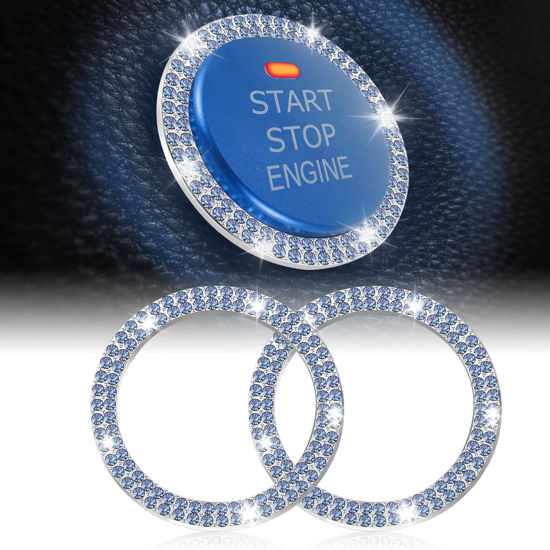 Picture of LivTee Car Engine Start Stop Decoration Ring, Crystal Double Rhinestone, Bling Car Interior Accessories for Women, Key Ignition & Knob Bling Ring, Push to Start Button Cover/Sticker, Light Blue