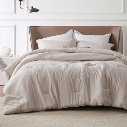 Picture of Bedsure California King Comforter Set - Warm Taupe Cal King Size Comforter, Soft Bedding for All Seasons, Cationic Dyed Bedding Set, 3 Pieces, 1 Comforter (104"x96") and 2 Pillow Shams (20"x36"+2")