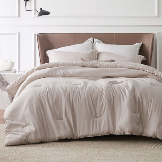 Picture of Bedsure California King Comforter Set - Warm Taupe Cal King Size Comforter, Soft Bedding for All Seasons, Cationic Dyed Bedding Set, 3 Pieces, 1 Comforter (104"x96") and 2 Pillow Shams (20"x36"+2")