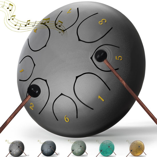Picture of Rain Drum for Outside Garden, 6 Inches 8 Notes Steel Tongue Chakra Drum, Waterproof Echo Rain Chime Meditation Drum, Musical Instruments for Adult Gift with Drum Bag, Music Book, Drum Mallets (Black)
