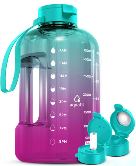 Picture of AQUAFIT 1 Gallon Water Bottle with Time Marker - Straw & Chug Lid - BPA Free Big Water Bottle with Straw - Gym Water Bottle with Handle - Gallon Water Jug (128 Ounces, Galaxy)