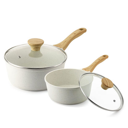 Picture of SENSARTE White Ceramic Nonstick Saucepan with Lid Set, Small Cooking Pot with Stay Cool Handle, Induction Compatible Saucepot, White Granite Coating, PFOA/PFAS Free, 2.0 + 2.5QT