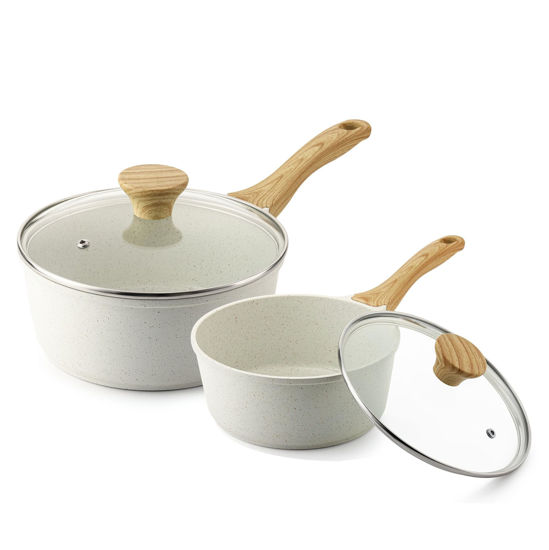 Picture of SENSARTE White Ceramic Nonstick Saucepan with Lid Set, Small Cooking Pot with Stay Cool Handle, Induction Compatible Saucepot, White Granite Coating, PFOA/PFAS Free, 2.0 + 2.5QT