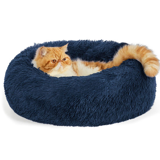Picture of Bedsure Calming Cat Beds for Indoor Cats - Small Cat Bed Washable 20 inches, Anti-Slip Round Fluffy Plush Faux Fur Pet Bed, Fits up to 15 lbs Pets, Navy