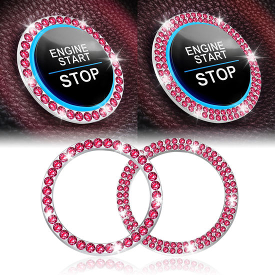 Picture of LivTee 2 PCS Crystal Combinatorial Rhinestone Car Engine Start Decoration Ring, Push to Start Button Cover/Sticker, Bling Car Interior Accessories for Women, Key Ignition&Knob Bling Ring, Red