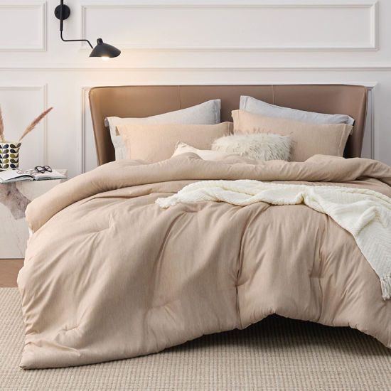 Picture of Bedsure California King Comforter Set - Warm Sand Cal King Size Comforter, Soft Bedding for All Seasons, Cationic Dyed Bedding Set, 3 Pieces, 1 Comforter (104"x96") and 2 Pillow Shams (20"x36"+2")