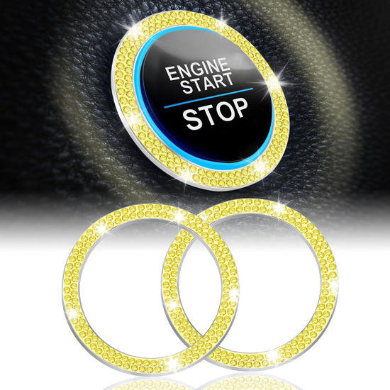 Picture of LivTee 2 PCS Crystal Double Rhinestone Car Engine Start Stop Decoration Ring, Push to Start Button Cover/Sticker, Bling Car Interior Accessories for Women, Key Ignition&Knob Bling Ring, Lemon Yellow