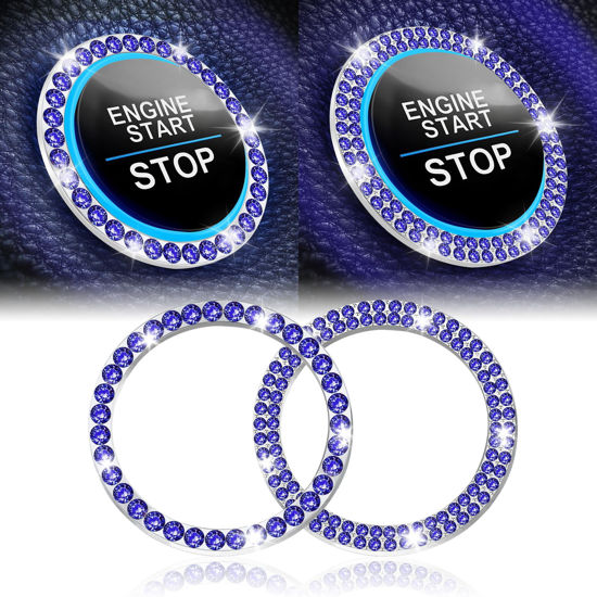 Picture of LivTee 2 PCS Crystal Combinatorial Rhinestone Car Engine Start Decoration Ring, Push to Start Button Cover/Sticker, Bling Car Interior Accessories for Women, Key Ignition&Knob Bling Ring, Dark Blue