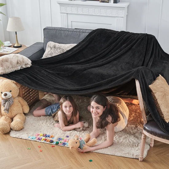 Picture of NEWCOSPLAY Super Soft King Blanket Black Premium Silky Flannel Fleece Leaves Pattern Lightweight Bed Blanket All Season Use (Black, King(90"x110"))