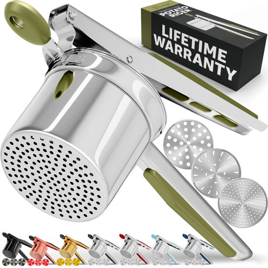 Picture of PriorityChef Large 15oz Potato Ricer With 3 Discs, Heavy Duty Stainless Steel Potato Ricer for Mashed Potatoes, Potato Masher, Press and Ricer Kitchen Tool, Olive Green