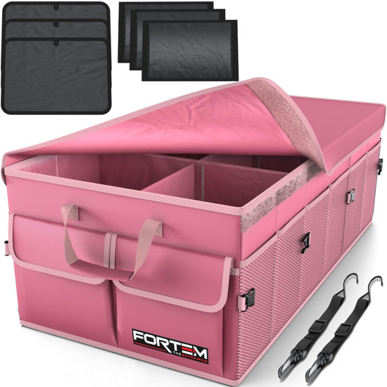 Picture of FORTEM Car Trunk Organizer, Car Storage Organizer, Collapsible Multi Compartment Car Organizer, SUV Trunk Organizer, Non Slip Bottom, Adjustable Securing Straps, Soft Cover 85L (Pink, X-Large)