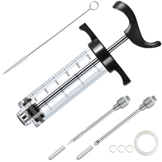 Picture of JY COOKMENT Meat Injector Syringe, 1-oz Marinade Flavor Injector with 2 Professional Needles,1 Cleaning Brushes(BLACK)