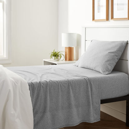 Picture of Amazon Basics 3 Piece Bed Sheets Set, 100% Cotton Jersey, Includes Super Soft, Flat and Fitted Sheets, Pillowcase, Twin, Light Gray, Solid
