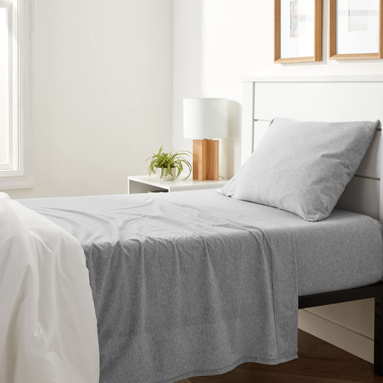 Picture of Amazon Basics 3 Piece Bed Sheets Set, 100% Cotton Jersey, Includes Super Soft, Flat and Fitted Sheets, Pillowcase, Twin, Light Gray, Solid