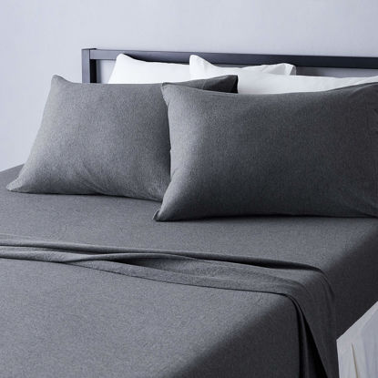 Picture of Amazon Basics 4 Piece Bed Sheet Set, 100% Cotton Jersey, Includes Super Soft, Flat and Fitted Sheets, Pillowcase, Full, Dark Gray, Solid