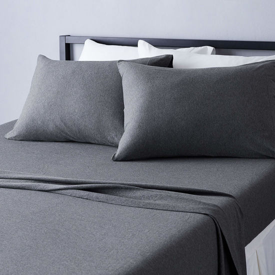 Picture of Amazon Basics 4 Piece Bed Sheet Set, 100% Cotton Jersey, Includes Super Soft, Flat and Fitted Sheets, Pillowcase, Full, Dark Gray, Solid