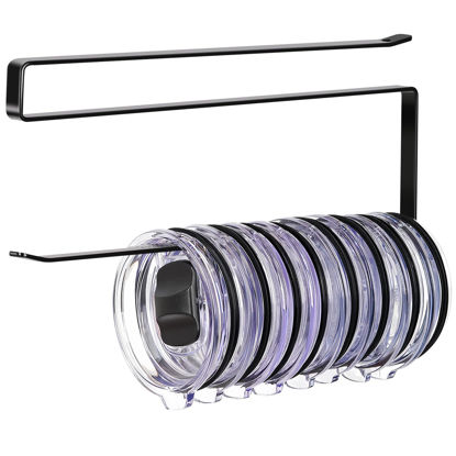 Picture of Tumbler Lid Organizer, Horizontal Tumbler Lid Storage Hook Up to 10 Lids, Space Saving Cup Lid Holders Under Cabinet Tumbler Lid Hook for Kitchen Organizer and Storage,Hanging Paper Towel Rack Hanger