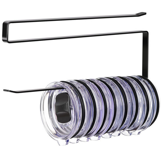 Picture of Tumbler Lid Organizer, Horizontal Tumbler Lid Storage Hook Up to 10 Lids, Space Saving Cup Lid Holders Under Cabinet Tumbler Lid Hook for Kitchen Organizer and Storage,Hanging Paper Towel Rack Hanger