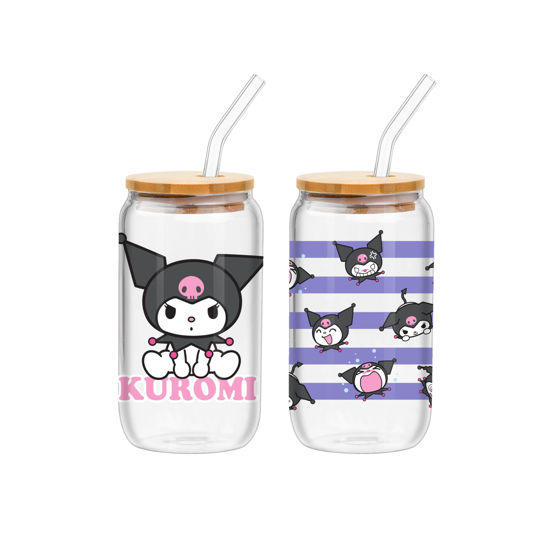 Picture of Silver Buffalo Sanrio Hello Kitty and Friends Kuromi 2 Pack Glass Jar Tumbler with Bamboo Lid and Glass Straw, 16 Ounces