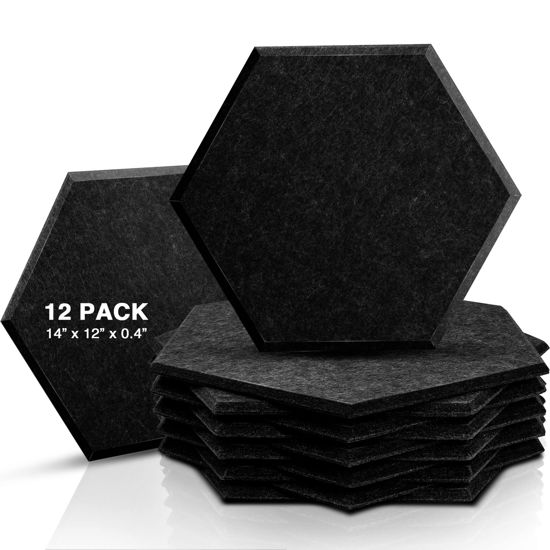 Picture of Sonic Acoustics 12 Pack Hexagon Acoustic Panels, 14" X 12" X 0.4" High Density Sound Absorbing Panels Sound Proof Insulation Beveled Edge Studio Treatment Tiles-Black