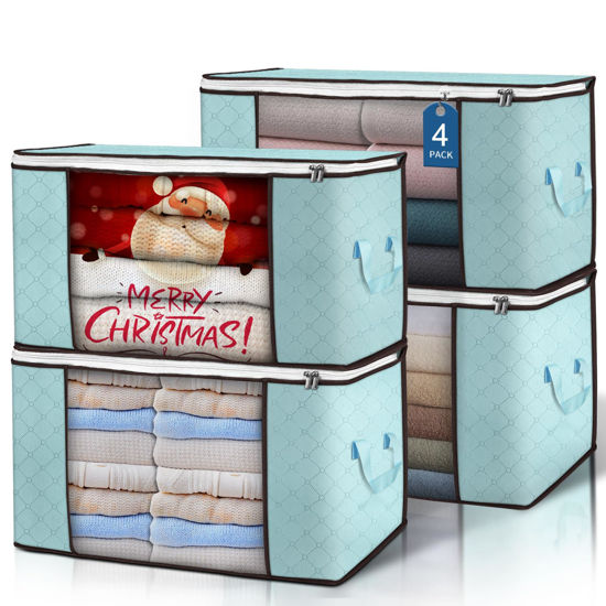 Picture of 90 L Large Storage Bags, 4 Pack Clothes Storage Bins Foldable Closet Organizer Storage Containers Storage and Organization for Clothes, Blanket, Comforters, Bed Sheets, Pillows and Toys (Blue)
