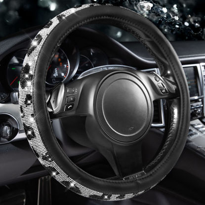 Picture of CAR PASS Bling Cow Print Diamond Steering Wheel Cover, with Sparkly Crystal Glitter Rhinestones Black Leather Car Wheel Protect for Women Girl Fit Suvs,Vans,Sedans,Cars,Trucks, 14" 1/2-15" Cow Design