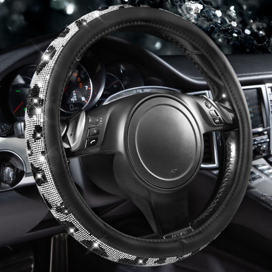 Picture of CAR PASS Bling Cow Print Diamond Steering Wheel Cover, with Sparkly Crystal Glitter Rhinestones Black Leather Car Wheel Protect for Women Girl Fit Suvs,Vans,Sedans,Cars,Trucks, 14" 1/2-15" Cow Design