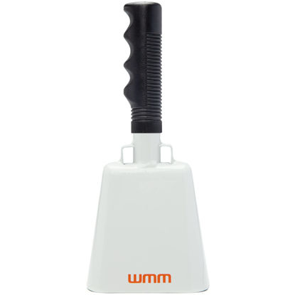 Picture of WMM 10 Inch Cow Bell Noise Makers Cowbell for Sporting Event Cheering Bell for Football Games Large Steel Cowbell with Handle Solid School Bells Call Bell Alarm (White)