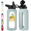 Picture of CIVAGO 32 oz Glass Water Bottle with Straw and Handle, Large Sports Motivational Water Bottle Flask with Time Marker and 2 Lids, Leakproof Water Jug Canteen with Silicone Sleeve for Gym,Sage…