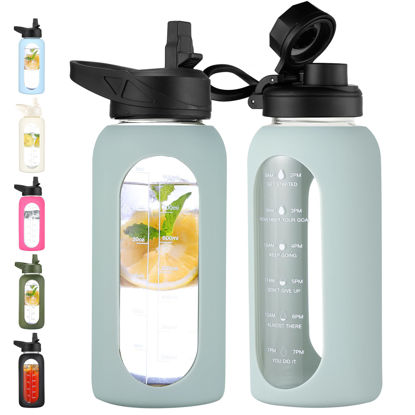 Picture of CIVAGO 32 oz Glass Water Bottle with Straw and Handle, Large Sports Motivational Water Bottle Flask with Time Marker and 2 Lids, Leakproof Water Jug Canteen with Silicone Sleeve for Gym,Sage…