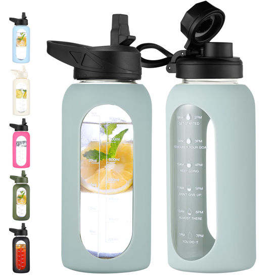 Picture of CIVAGO 32 oz Glass Water Bottle with Straw and Handle, Large Sports Motivational Water Bottle Flask with Time Marker and 2 Lids, Leakproof Water Jug Canteen with Silicone Sleeve for Gym,Sage…