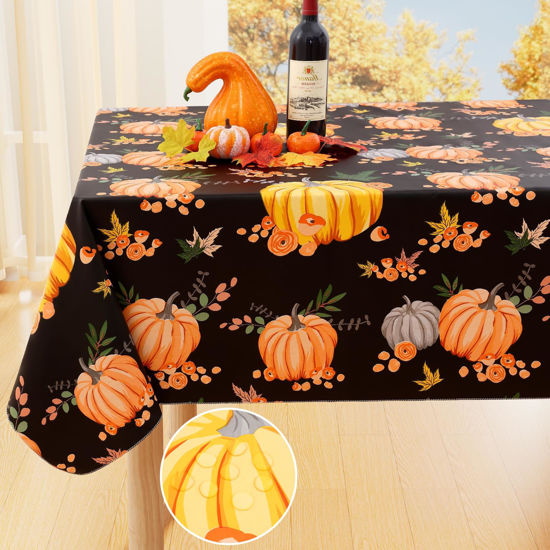 Picture of Smiry Fall Rectangle Table Cloth, Waterproof Vinyl Tablecloth with Flannel Backing, Wipeable Autumn Pumpkin Plastic Tablecloths for Harvest and Thanksgiving Parties, 60"x120", Black & Orange