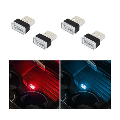 Picture of Augeny 4 PCS USB LED Car Interior Atmosphere Lamp, Plug-in USB Decor Night Light, Portable Auto Ambient Lighting Kit, Universal Vehicle Interior Accessories for Most Cars (2 Red+2 Ice Blue)
