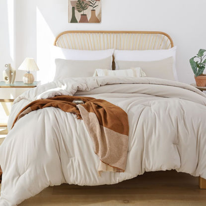 Picture of ROSGONIA Oversized King Comforter 128x120, 3pcs Super King Plus (1 Beige Comforter & 2 Pillowcases) Lightweight Oversized King Bedding Set Blanket