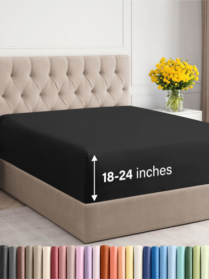 Picture of Extra Deep Queen Fitted Sheet - Hotel Luxury Single Fitted Sheet Only - Sheet Easily Fits 18 inch to 24 inch Mattress - Soft, Wrinkle Free, Breathable and Comfy Extra Deep Pockets Black Fitted Sheet