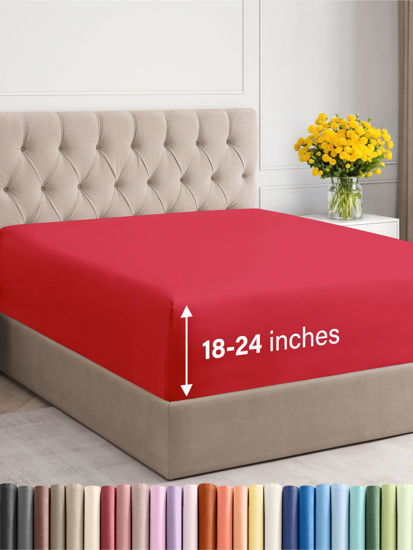 Picture of Extra Deep Queen Fitted Sheet - Hotel Luxury Single Fitted Sheet Only - Queen Sheet Easily Fits 18 inch to 24 inch Mattress - Soft, Wrinkle Free, Breathable & Comfy Extra Deep Pockets Red Fitted Sheet