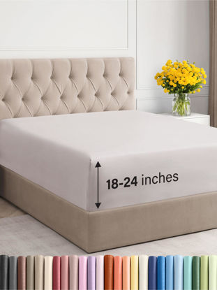 Picture of Extra Deep Queen Fitted Sheet - Hotel Luxury Single Fitted Sheet Only - Easily Fits 18 inch to 24 inch Mattress - Soft, Wrinkle Free, Breathable and Comfy - Extra Deep Pockets Light Grey Fitted Sheet