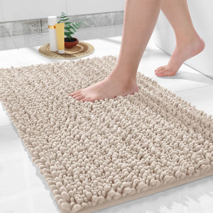 Picture of Yimobra Original Luxury Chenille Bath Rug Mat, 32 x 20 Inches, Soft Shaggy Bathroom Rugs, Large Size, Super Absorbent and Thick, Non-Slip, Machine Washable, Bath Mats for Bathroom, Beige