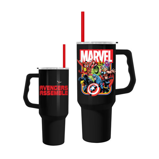Picture of Silver Buffalo Marvel Avengers Captain America, Thor, Hulk, Iron Man, Black Widow, Wanda, Vision, Hawkeye, Black Panther Stainless Steel Tumbler with Handle and Straw, Fits in Cup Holder, 40 Ounces