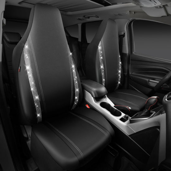 Picture of CAR PASS Leather Car Seat Covers Tesla Model 3 High Back Bucket Bling Diamond Front Seat, Waterproof Universal Shining Glitter Crystal Sparkle Fit Model Y, Truck SUV Cute Women Girl, Silver Rhinestone