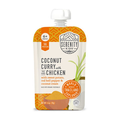 Picture of Serenity Kids 6+ Months World Explorers Baby Food Pouches Puree Made with Ethically Sourced Meat & Organic Veggies - 3.5 Ounce BPA-Free Pouch - Chicken Coconut Curry - 6 Count - Chicken Baby Food