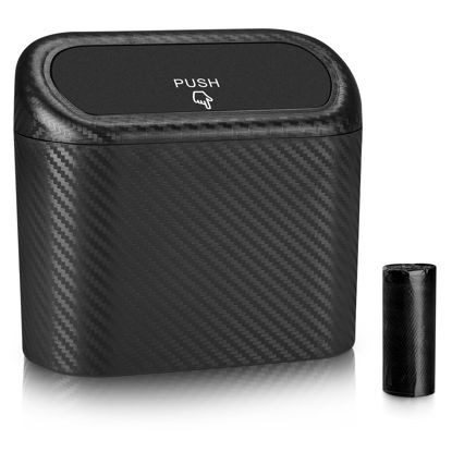 Picture of Accmor Car Trash Can with Lid, Mini Vehicle Trash Bin Portable Car Dustbin Garbage Organizer Holder with One Roll Trash Bag, Small Hanging Leakproof Auto Storage Bag Container (Carbon Fiber)