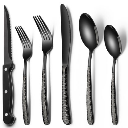 Picture of Black Hammered Silverware Set with Steak Knives, 24-Piece Stainless Steel Heavy Duty Flatware Set for 4, Food-Grade Tableware Cutlery Set, Utensil Sets for Home Restaurant, Mirror Finish