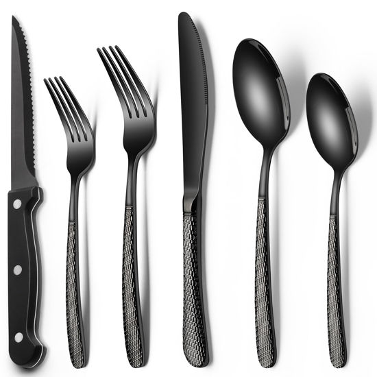 Picture of Black Hammered Silverware Set with Steak Knives, 24-Piece Stainless Steel Heavy Duty Flatware Set for 4, Food-Grade Tableware Cutlery Set, Utensil Sets for Home Restaurant, Mirror Finish