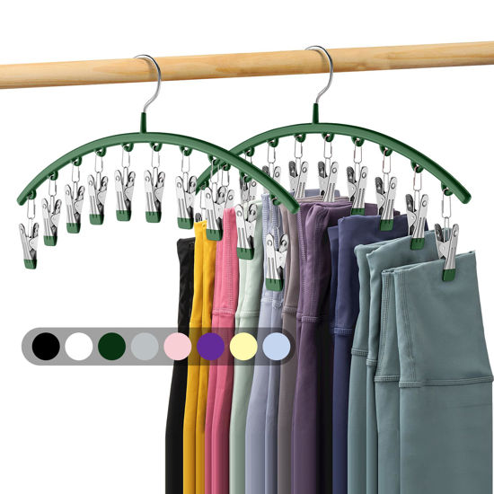 Picture of Legging Organizer for Closet, Metal Yoga Pants Hangers 2 Pack w/10 Clips Holds 20 Leggings, Space Saving Hanging Closet Organizer w/Rubber Coated Closet Organizers and Storage, Green