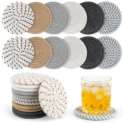 Picture of BUEDM 12 Pcs Boho Drink Coasters,Minimalist Cotton Handmade Woven Absorbent Drink Coasters,Heat Resistant Cotton Coasters for Coffee Table, Kitchen, Home Decoration