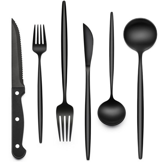 Picture of Black Silverware Set with Steak Knives, 24-Piece Stainless Steel Black Flatware Set for 4, Food-Grade Tableware Cutlery Set, Utensil Sets for Home Restaurant, Mirror Finish, Dishwasher Safe