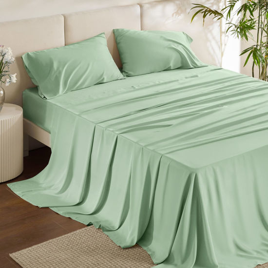Picture of Bedsure King Size Sheet Sets, Cooling Sheets for Hot Sleepers, Rayon Derived from Bamboo, Breathable & Soft Deep Pocket Up to 16 Inches, Hotel Luxury Silky Bedding, Bedsheet & Pillowcases, Sage Green