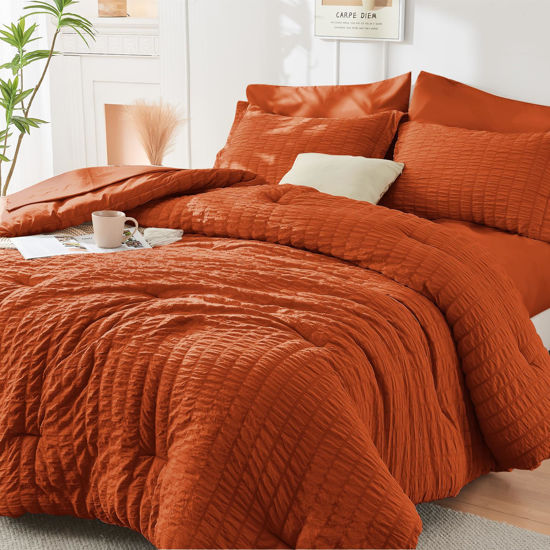 Picture of HYMOKEGE Burnt Orange Queen Comforter Set Seersucker 7 Pieces, All Season Luxury Bed in a Bag for Bedroom, Bedding Set with Comforters, Sheets, Pillowcases & Shams