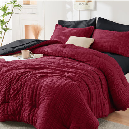 Picture of HYMOKEGE Red & Black Queen Comforter Set Seersucker 7 Pieces, All Season Luxury Bed in a Bag for Bedroom, Bedding Set with Comforters, Sheets, Pillowcases & Shams